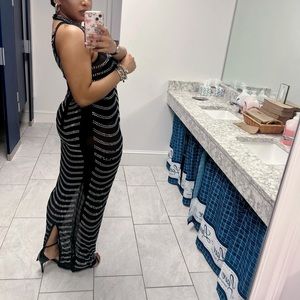 Elegant Black sheer sexy long dress with Rhinestones